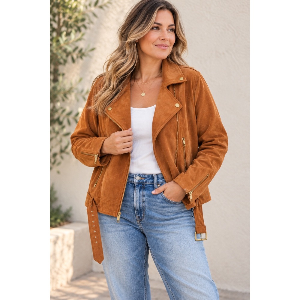 Free People Suede Leather Moto Jacket Women L Cognac Brown Belted Biker Boho